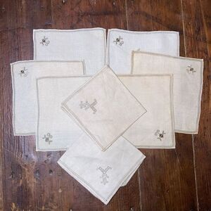 Vintage Handmade Napkin & Coaster Set, Eyelet Detail with Accented Stitching